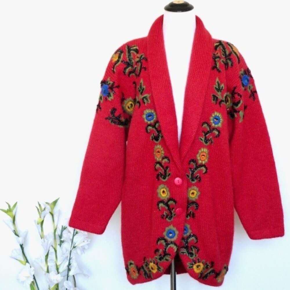 NEW! Vintage Cervelle Wool Blend Chunky Sweater Cardigan Embroidery Red SZ M